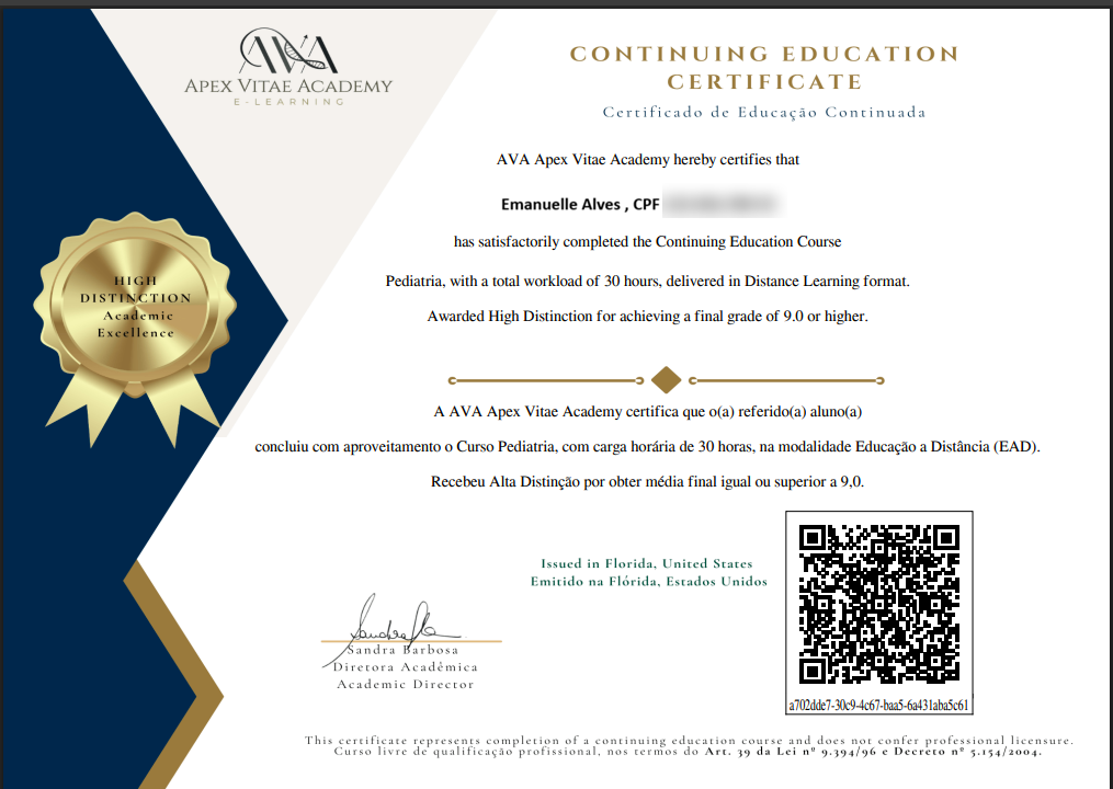 Modelo do certificado bilíngue da AVA Apex Vitae Academy, com selo High Distinction e QR Code de verificação online